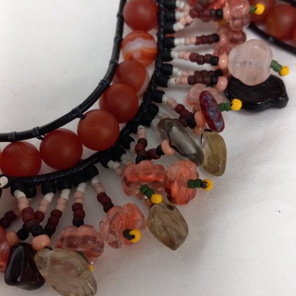 Woven Bracelet, Pink/Brown Agate with Fringe, Flowers, Antique Mourning Button - Picture 7 of 8